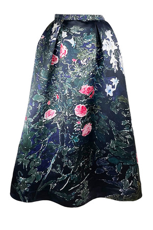 Rose&lilies at night print Satin スカート