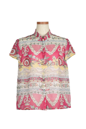 Floral Ethnic Border Silk チャイナブラウス