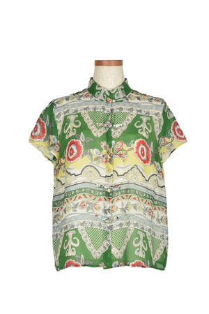 Floral Ethnic Border Silk チャイナブラウス